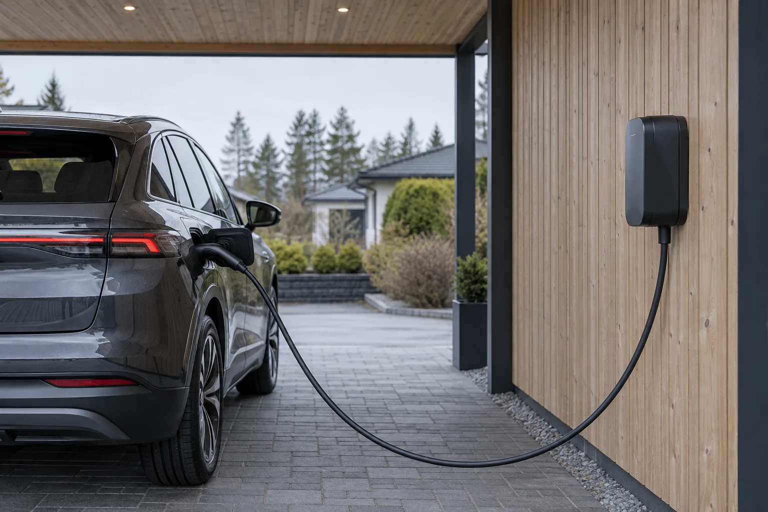 Sähköauto latauksessa autokatoksessa, jossa latauspiste on asennettu puuseinälle.